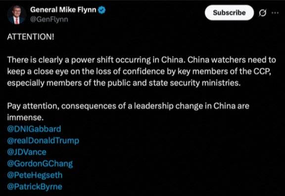마이클 플린&nbsp;전 미국 백악관 국가안보보좌관은 6월 27일 소셜네트워크서비스 X(옛 트위터) 계정에 “현재 중국에서 분명한 권력 교체가 일어나고 있다”고 썼다. 마이클 플린 X(옛 트위터) 계정 캡처