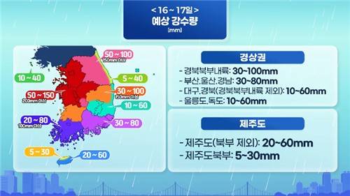 16∼17일 예상 강수량. [기상청 제공. 재판매 및 DB 금지]