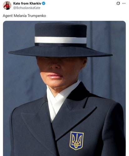 '트럼펜코 요원, 고생했네' 1월 20일 트럼프 대통령 취임식에 참여했던 멜라니아 트럼프 여사의 모습에 우크라이나 국가 상징을 합성한 사진. 소셜미디어 엑스(X·옛 트위터) @BohuslavskaKate 캡처. 2025. 7. 16. 재판매 및 DB 금지