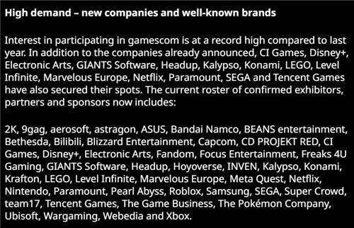 게임스컴 주최 측이 밝힌 참가사 명단 [게임스컴 홈페이지 캡처]