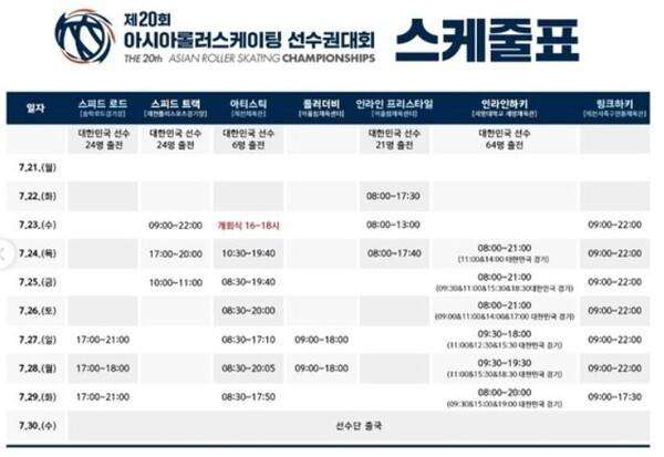제20회 아시아롤러스케이팅선수권대회 전체 일정표. /사진=대회조직위원회 제공