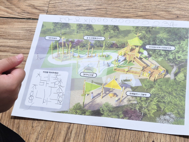 7일 충남 홍성군 꿈드림지역아동센터에서 비장애 어린이를 대상으로 열린 '무장애 통합놀이터' 설명회에 참석한 한 어린이가 종이에 적은 의견. '좋아요' '바구니그네가 좋아요' 등 내용이 적혀 있다. 홍성=김나연 기자