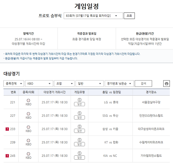 참고자료1. 프로토 승부식 83회차 KBO리그 대상 일반 게임 경기 정보. 사진=스포츠토토