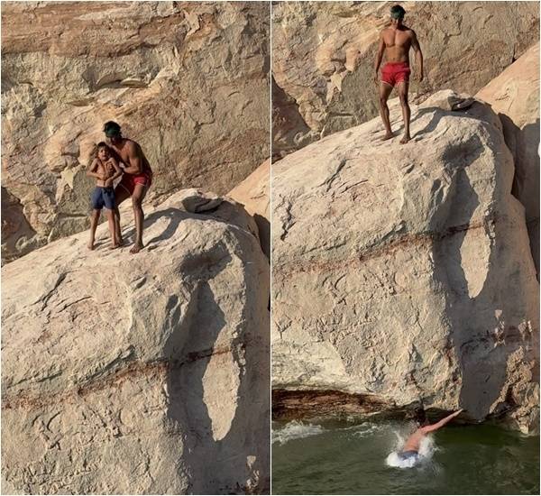 미국의 인기 여행 인플루언서가 아이를 강하게 키우겠다며 7살 아들을 절벽에서 던지는 영상을 공개해 논란이 되고 있다. 인스타그램(@garrettgee) 캡처