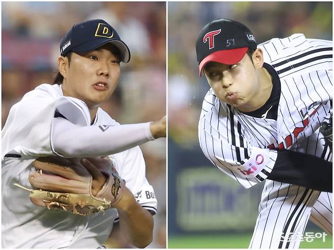 데뷔 첫해부터 두각을 나타내고 있는 두산 박준순(왼쪽)과 LG 김영우가 중고 신인들의 경쟁 구도로 좁혀진 신인왕 레이스를 뒤흔들지 주목된다. 사진제공｜두산 베어스·LG 트윈스