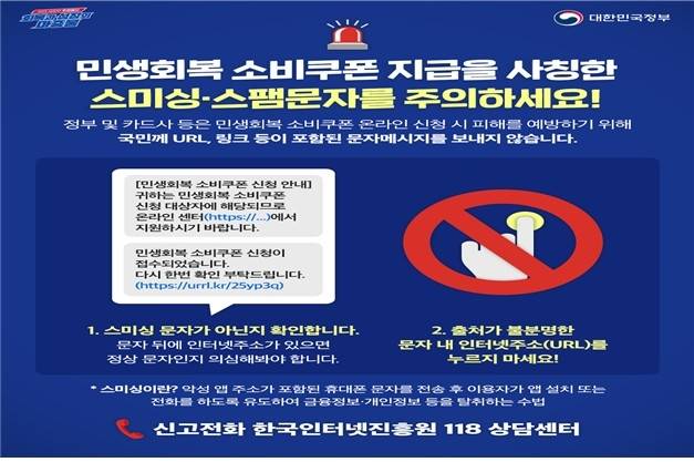 민생회복 소비쿠폰 사칭 스미싱 주의 [과학기술정통부(한국인터넷진흥원) 제공. 재판매 및 DB 금지]