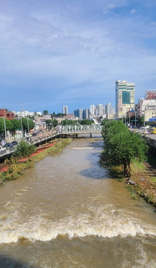 18일 오전 평상시 보다 조금 많은 유수량을 보이는 광주천. / 독자 제공