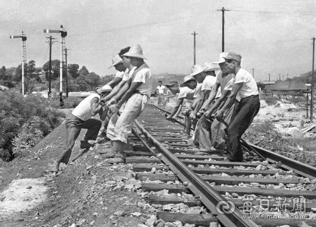 1961년 8월 28일 영주 중앙선 철길 복구반이 수해를 입은 철도 침목을 복구하고 있다. 사진=매일아카이빙센터