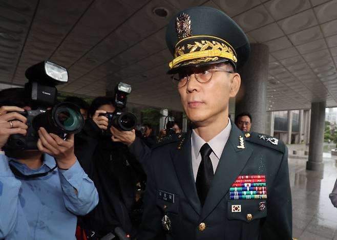 김용대 드론작전사령관이 17일 내란특검 사무실이 마련된 서울 서초구 서울고검에 조사를 받기 위해 출석하고 있다. (사진=연합뉴스)