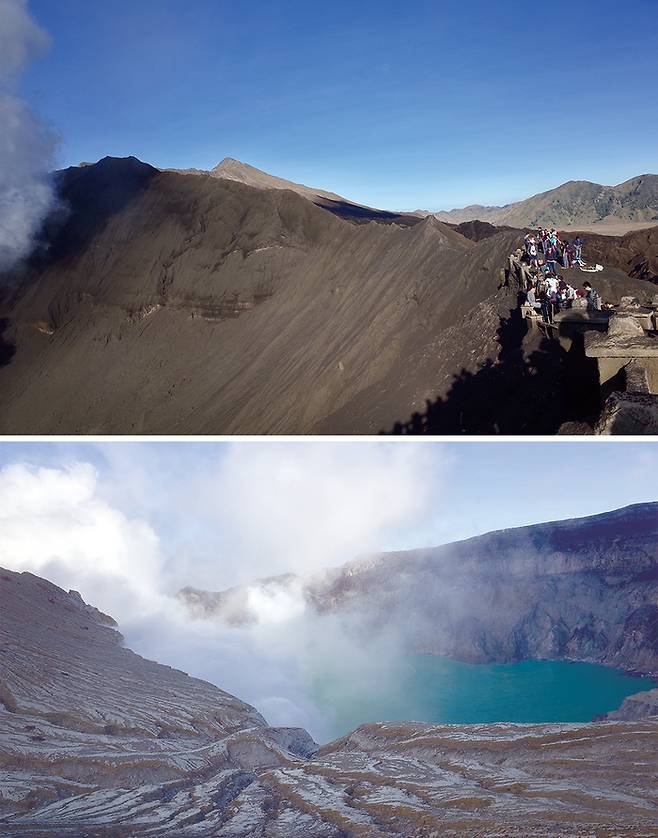 검은 모래로 뒤덮인 브로모산 분화구,청록색 빛을 띠는 이젠산 분화구 호수