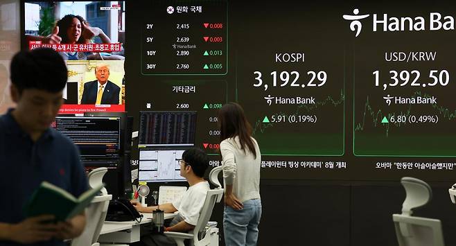 17일 오후 서울 중구 하나은행 딜링룸에서 딜러들이 업무를 보고 있다.  뉴시스