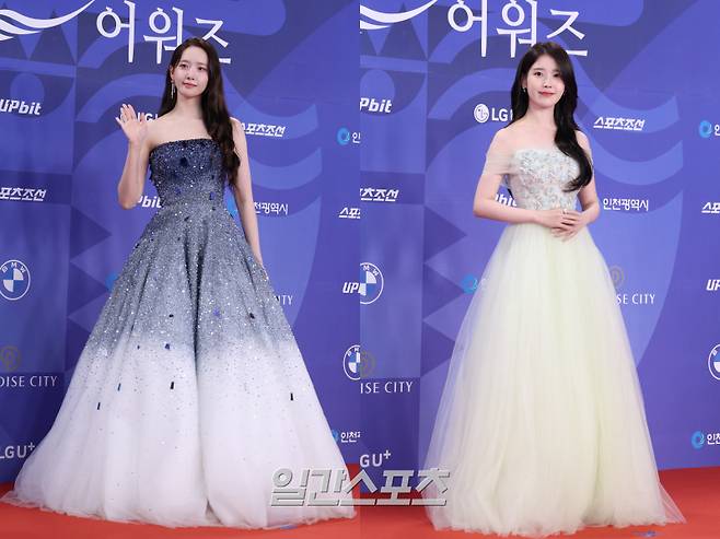 배우 임윤아(왼쪽)와 아이유가 18일 오후 인천 중구 파라다이스시티에서 열린 제4회 청룡시리즈어워즈 레드카펫 행사에 참석해 포토타임을 갖고 있다. 인천=서병수 기자 qudtn@edaily.co.kr /2025.07.18/