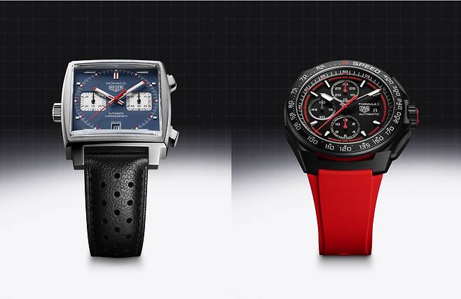 한국에서 큰 사랑을 받고 있는 '모나코 크로노그래프' 모델(왼쪽)과 올해 F1 공식 타임키퍼 출범을 알리며 발표한 '포뮬러 1 크로노그래프' 모델. 사진 태그호이어