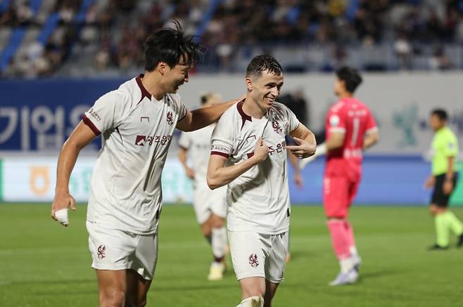 ▲수원FC와의 경기에서 리그 7호 골을 넣은 아사니 [광주FC]