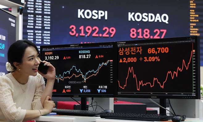 서울 여의도 한국거래소 전광판에 코스피지수와 삼성전자 주가가 표시되고 있다./사진=한국경제신문