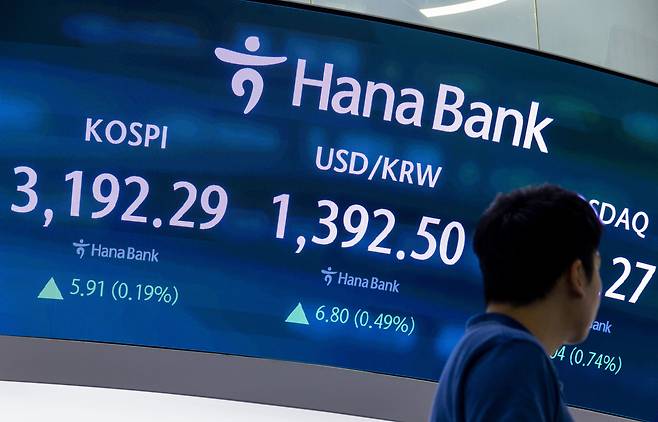 17일 서울 중구 하나은행 본점 딜링룸의 전광판에 이날 거래를 마감한 코스피와 코스닥지수, 원/달러 환율 거래가가 표시돼 있다. 코스피 지수는 전장보다 5.91 포인트(0.19%) 오른 3192.29로 장을 마쳤다. 코스닥 지수는 전장보다 6.04 포인트(0.74%) 오른 818.27로 거래를 마감했다. [연합]