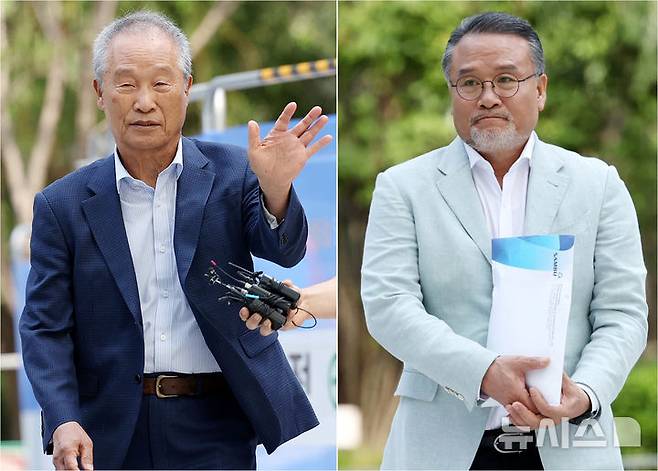 [서울=뉴시스] 조성우 기자 = 조성옥(왼쪽) 전 삼부토건 회장과 이일준 삼부토건 회장이 지난 10일 오전 서울 종로구 KT 광화문빌딩 웨스트에 마련된 김건희 여사 연루 의혹이 제기된 주가조작 사건을 조사하는 민중기 특별검사팀 사무실로 출석하고 있다. 2025.07.10. xconfind@newsis.com