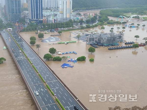 19일 울산지역에 호우경보가 발효되는 등 많은 비가 내린 가운데 &nbsp;울산시 남구 &nbsp;태화교 인근 둔치가 물에 잠겨 있다. 독자 최재훈 제공