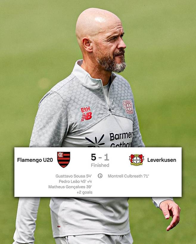 19일 플라멩구 U-20 팀과의 프리시즌 친선전서 1-5로 완패한 텐 하흐 레버쿠젠 감독. 사진=TNT스포츠