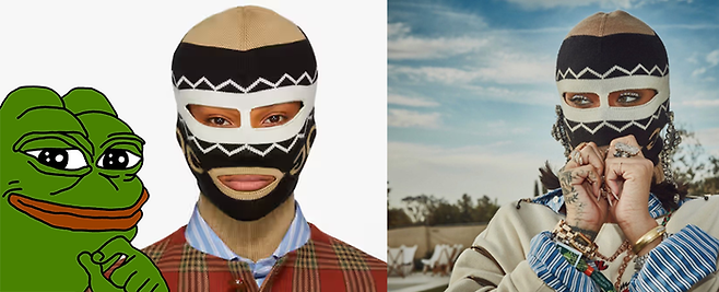 발라클라바는 패션이 됐다. 구찌의 2018 F/W 컬렉션(가운데). 패션은 잘 모르지만 이건 아닌 것 같다. 우울한 개구리 페페(왼쪽) 닮은 것 같기도 하고. 멕시코의 국민 격투기이자 프로레슬링인 루차 리브레(Lucha Libre) 선수로 오해받기 딱 좋다. 하지만 팝스타 리한나(오른쪽)도 똑같은 발라클라바를 쓰고 코첼라 뮤직 페스티벌에 등장한 이후로 비판한 사람들은 모두 패알못(패션 알지 못하는 자)이 됐다. [사진 출처=구찌, 리한나 SNS]