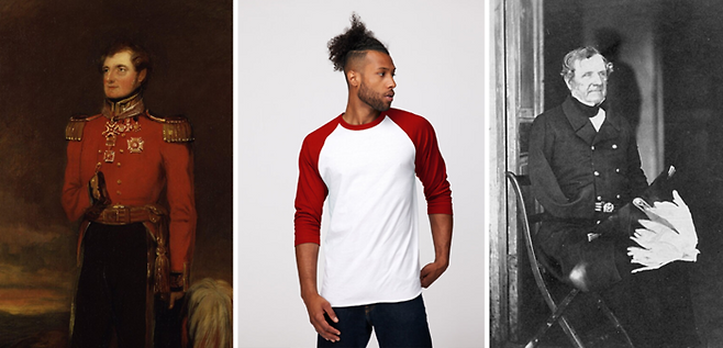 발라클라바 전투 당시 연합군 총사령관이었던 래글런 남작의 초상화(왼쪽)와 사진(오른쪽). 전투에서 오른팔을 잃은 그는 쉽게 입을 수 있고 움직이기 편한 래글런 코트를 고안했다고 알려졌다. 그 형태가 그대로 이어진 것이 바로 야구선수 티셔츠로 알려진 나그랑 티셔츠(가운데)다. [사진 출처=공공 저작물·런던 국립 초상화 미술관(NPG)·미국 의회도서관·tultex.com]