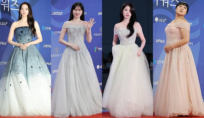 지난 18일 오후 인천 중구 파라다이스시티에서 열린 '제4회 청룡시리즈어워즈' 레드카펫 행사에 참석한 배우 임윤아 박은빈 아이유(이지은) 개그우먼 이수지 /사진=이동훈 기자