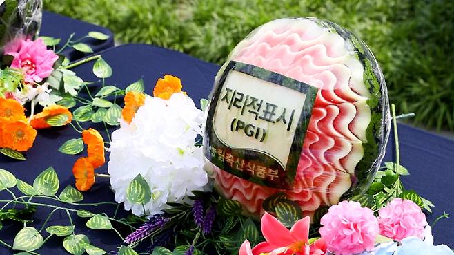 지리적표시 인증 마크가 조각된 고창수박. 노컷TV 캡처