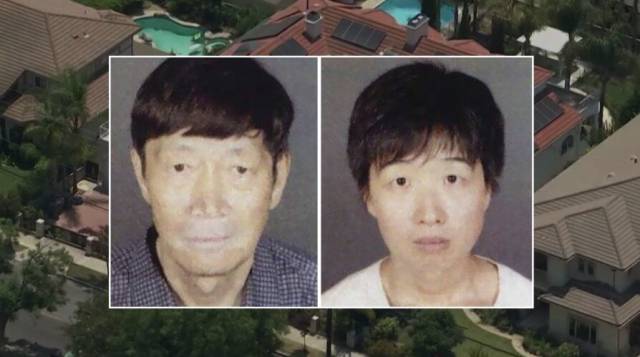아동학대 혐의로 미국 캘리포니아 로스앤젤레스에서 체포된 궈쥔 쉬안(65)과 실비아 장(38). KTLA-TV 기사 갈무리=뉴스1