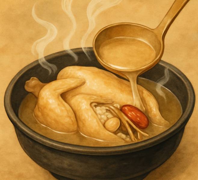 일 년 중 가장 더운 시기인 삼복의 첫 시작, 초복은 여름 더위의 본격적인 서막을 알리는 날이다. 초복의 ‘복(伏)’ 자는 가을의 서늘한 기운이 여름의 더운 기운에 굴복한다는 의미를 담고 있다. 그 유래는 기원전 676년 중국 진나라에서 해충 피해를 막기 위해 개를 잡아 제사를 지낸 것에서 시작되었다는 기록이 《사기》에 남아있다. 날짜는 하지(夏至) 후 세 번째 경일(庚日)로 정해진다. 조선시대 궁중에서는 신하들에게 얼음과 고기를 하사하며 더위를 이기도록 격려했고, 민간에서는 떨어진 기력을 보충하기 위해 보양식을 먹는 풍습이 자리 잡았다. 당시에는 닭백숙을 즐겨 먹었으며, 인삼이 대중화된 1900년대 이후 지금의 삼계탕이 대표적인 복날 음식이 되었다.