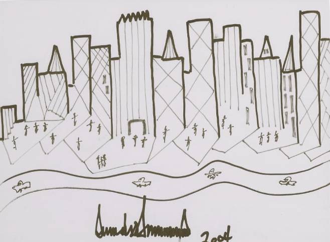 2003년 도널드 트럼프 대통령이 뉴욕의 한 비영리 단체에 기부한 그림. 맨해튼 리버사이드 사우스 개발 프로젝트를 묘사했다./소더비