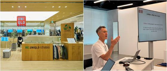 롯데월드몰의 유니클로 매장 및 리유니클로스튜디오 전경. 오른쪽은 라이프웨어에 대해 설명하는 패스트리테일링 홍보실 게리 콘웨이 매니저. 사진 유니클로
