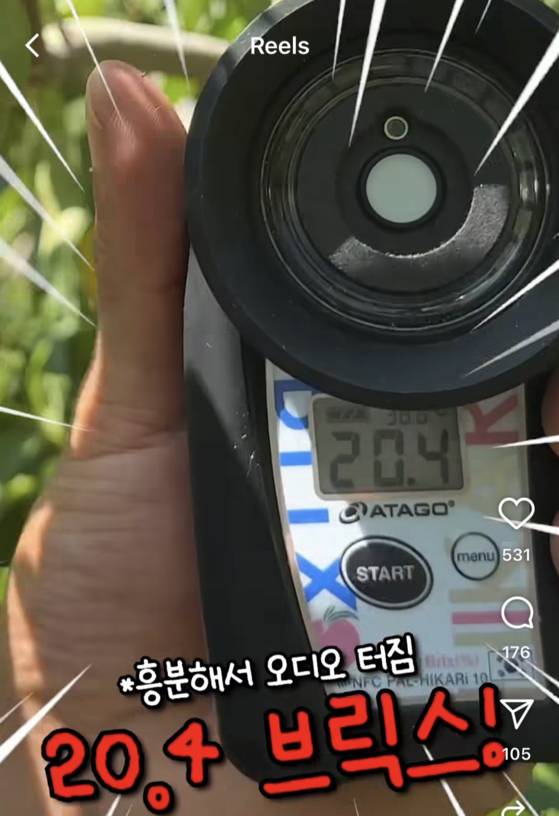 A reel shows a hybrid peach recording 20.4 Brix on the refractometer [SCREEN CAPTURE]