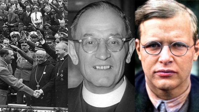 ▲ 1934년 9월 뉘른베르크에서 열린 나치당 집회에서 히틀러와 악수하는 독일교회 지도자들(왼쪽). 히틀러의 폭압을 비판한 고백교회 목사 마르틴 니묄러(가운데), 디트리히 본회퍼(오른쪽).