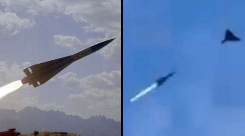 왼쪽은 미국이 우크라이나에 지원한 호크 지대공 미사일 자료사진, 오른쪽은 우크라이나 북부 상공에서 우크라이나 공군이 보낸 요격기가 러시아군의 샤헤드-136 공격 드론과 충돌하는 모습. 우크라이나 공군 사령부 페이스북 캡처
