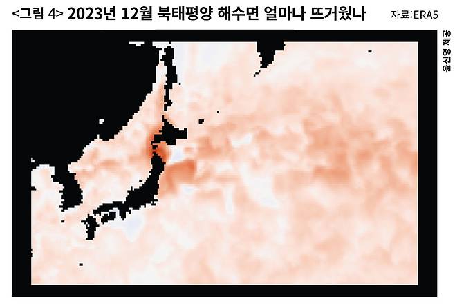 <그림 4> 일본 북동부를 포함한 북태평양의 1940년 12월9일과 2023년 12월9일의 수온 차이를 표시한 지도. 붉을수록 바다가 뜨거워진 곳이다. ⓒ윤신영