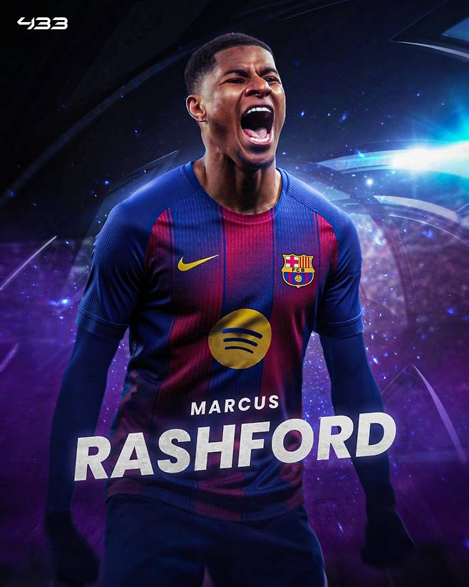 맨체스터 유나이티드 마커스 래시포드의 FC바르셀로나 유니폼 합성 사진. /사진=433 SNS 캡처