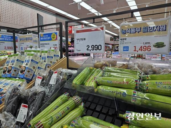 21일 수원의 한 대형마트에 농식품부 할인지원을 내건 채소들이 판매되고 있다. 2025.7.21 /김지원기자 zone@kyeongin.com