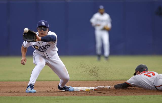 탬파베이 레이스의 김하성이 21일 미국 플로리다주 탬파에서 열린 MLB 볼티모어 오리올스와의 경기에 2루수로 출전, 상대 도루 때 포수의 2루 송구를 잡으려 하고 있다. 연합뉴스