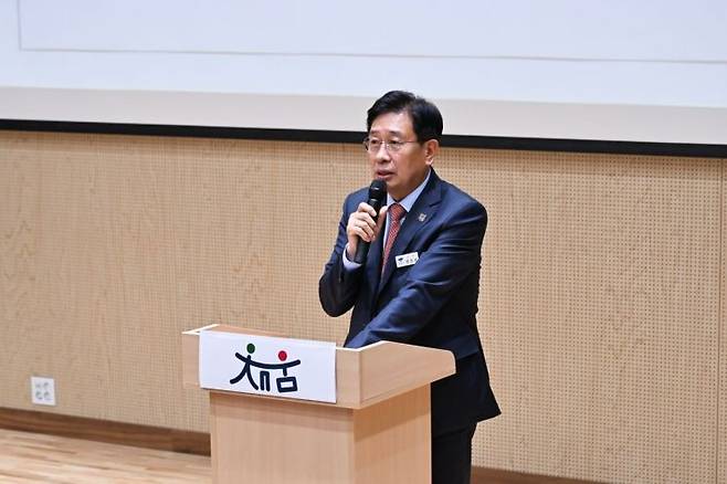 전진선 양평군수가 채움사업 최종 보고회에 참석해 인사말을 하고 있는 모습. 양평군 제공