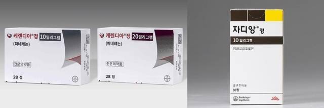 2형 당뇨병 동반 만성 신장병 치료제 케렌디아정(왼쪽)과 SGLT-2 억제제 자디앙정. 바이엘 코리아·한국베링거인겔하임 제공