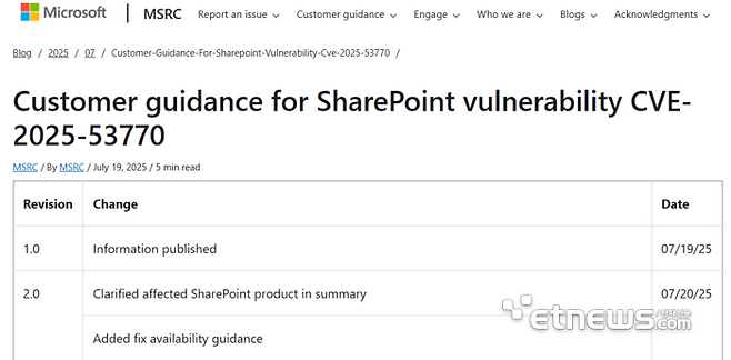 마이크로소프트가 블로그를 통해 '쉐어포인트'의 해킹 공격에 대한 취약성과 보안 업데이트를 권고하는 고객 지침을 게시했다. [캡처=MS 홈페이지]