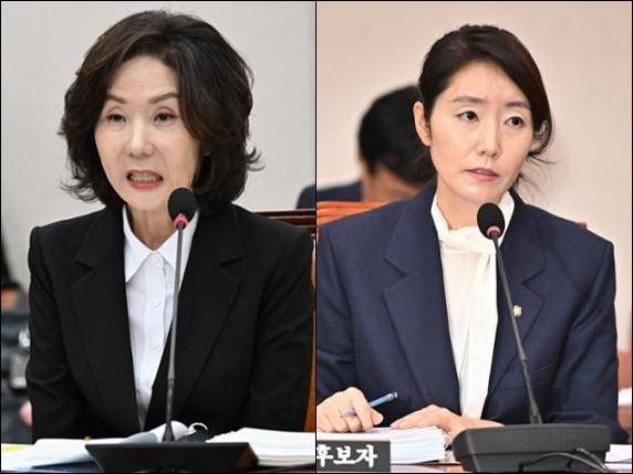 이재명 대통령이 20일 지명을 철회한 이진숙(왼쪽) 교육부 장관 후보자와 각종 논란에도 임명 수순을 밟는 강선우 여성가족부 장관 후보자. 한국일보 자료사진