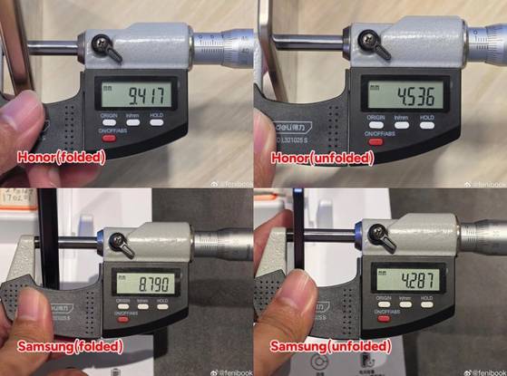 북미 최대 인터넷 커뮤니티 레딧 이용자가 마이크로미터를 이용해 중국 아너의 '매직 V5'와 삼성전자의 '갤럭시Z 폴드7'의 두께를 실측한 모습. 왼쪽 위부터 시계방향으로 V5를 접었을 때, V5를 펼쳤을 때, 폴드7을 펼쳤을 때, 폴드 7을 접었을 때의 실측값. 사진 레딧 캡처