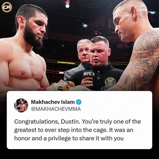 포이리에의 마지막 라이벌이었던 마카체프는 SNS를 통해 “축하해, 포이리에. 넌 옥타곤에 들어선 파이터 중 진정 가장 위대한 선수 중 한 명이다. 당신과 옥타곤에서 함께한 건 내게 영광이자 특권이었다”며 따뜻한 메시지를 전했다. 사진=챔피언십 라운드 SNS