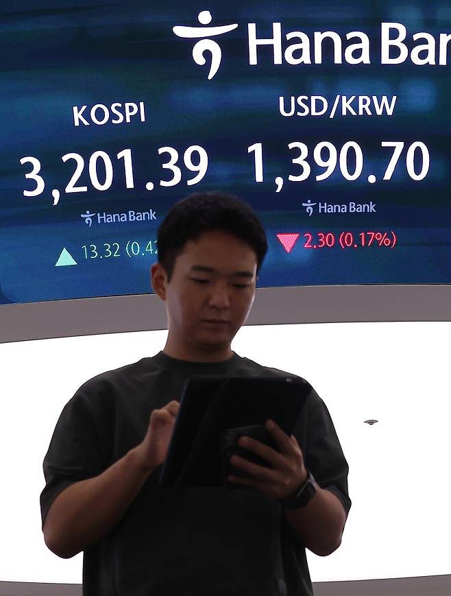 21일 서울 중구 하나은행 본점 딜링룸에서 직원들이 업무를 보고 있다. 코스피 지수는 전장보다 3.04포인트(0.10%) 오른 3191.11로 출발해 상승 폭을 조금씩 키우고 있다. [연합]