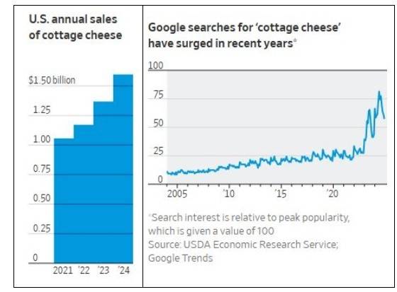 미국 코티지 치즈 시장 성장세(왼쪽), 구글 검색량 증가 추이 [NielsenIQ, USDA Economic Research Service, Google Trends]