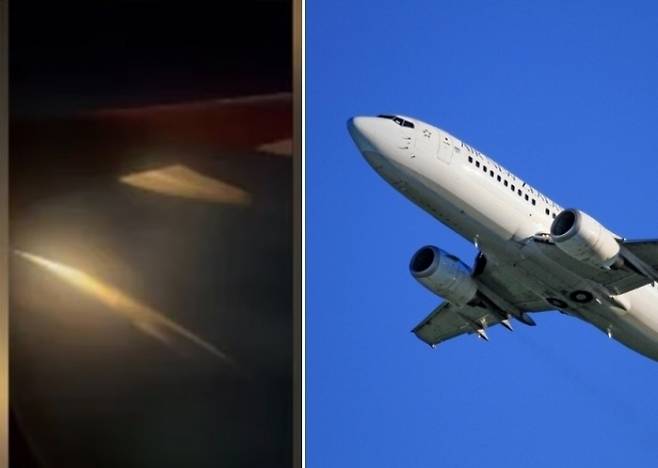 지난 14일(현지시간) 밤 로스앤젤레스 국제공항에서 이륙한 선 컨트리 항공의 보잉 737 오른쪽 엔진에서 불꽃이 튀고 있다(왼쪽). 오른쪽은 보잉 항공기 자료사진(기사와 관계없음)
