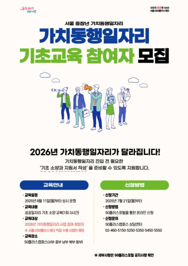 가치동행일자리 기초교육 참여자 모집 포스터. 서울시50플러스재단 제공