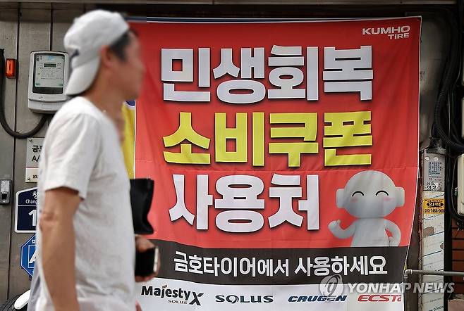 민생회복 소비쿠폰, D-1 (서울=연합뉴스) 윤동진 기자 = 민생회복 소비쿠폰 지급을 하루 앞둔 20일 서울의 한 타이어 가게에 관련 안내문이 부착돼 있다. 2025.7.20 mon@yna.co.kr