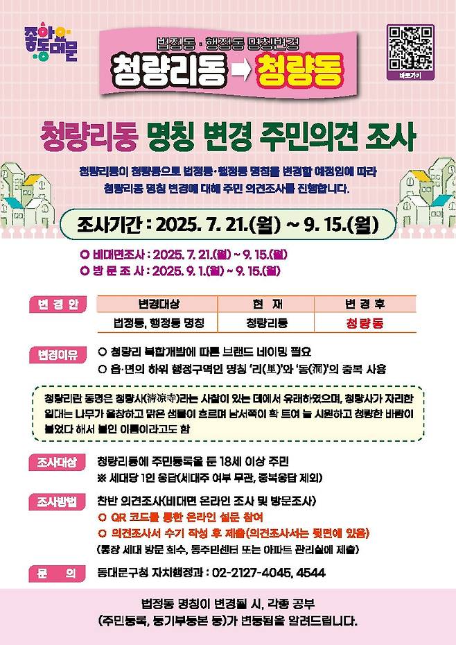 청량리동 명칭 변경 주민의견조사 [동대문구 제공. 재판매 및 DB 금지]